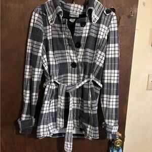 Self Esteem Checkered Trench Coat - Black, White, and Blue